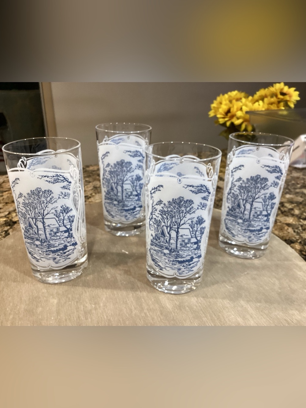 Vintage Currier & Ives Blue Glass Tumblers - Set of 4